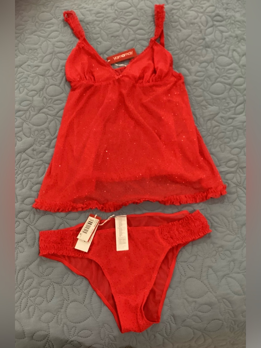 Yamamay Red Lace-Trim Sparkle Camisole & Bikini Set